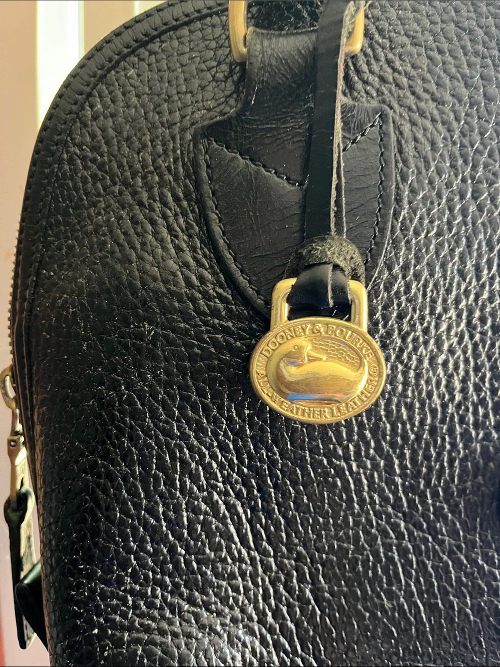 Dooney & Bourke Black Pebbled Leather Dome Satchel with Gold Hardware